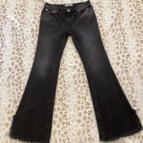 We The Free Black Denim Distressed Raw Hem Flare Boho Mid-Rise Jeans, Size 26 - Picture 10 of 15